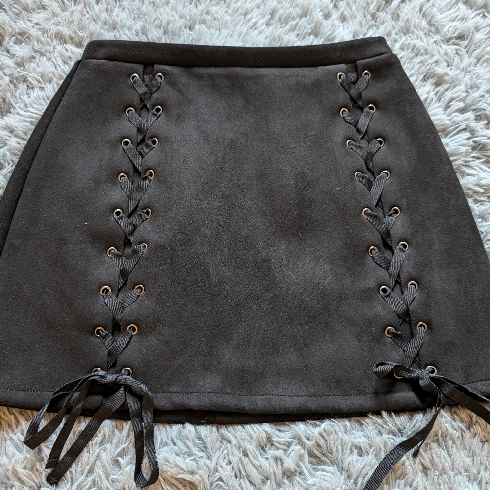 Black Lace-Up Suede Mini Skirt